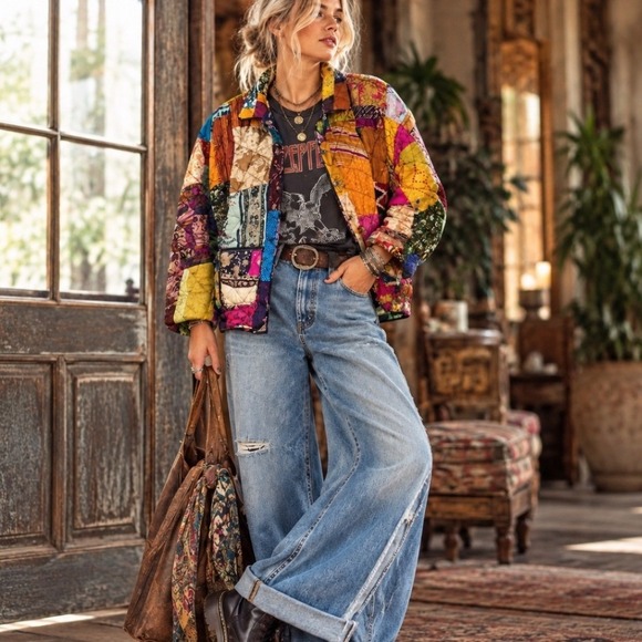 Jackets & Blazers - ArtEZen Boho Quilted Patchwork Reversible Jacket Multi 100% Silk Hippie Coat